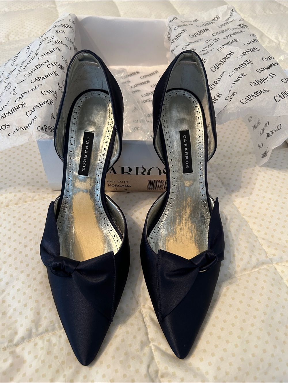 Caparros Navy Satin D'Orsay Pointed Toe Heels with Bow